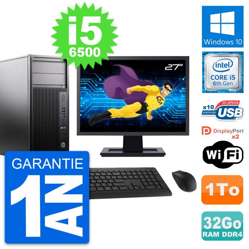HP Z240 MT Workstation Computer - 27" Screen, Intel i5-6500, 32GB RAM, 1TB Storage, Windows 10, WiFi