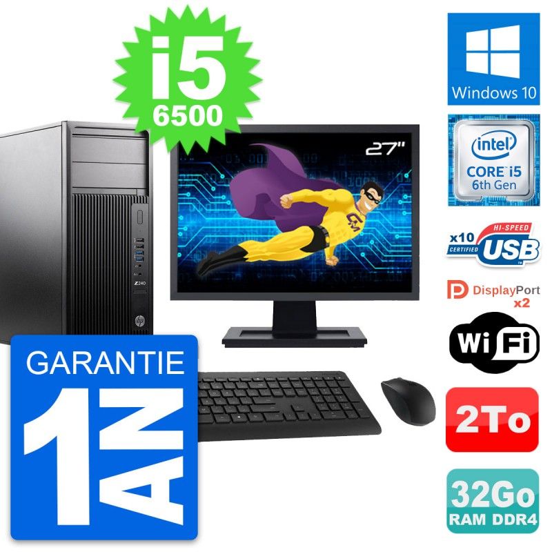 HP Z240 MT Workstation Computer - 27" Screen, Intel i5-6500, 32GB RAM, 2TB HDD, Windows 10, WiFi