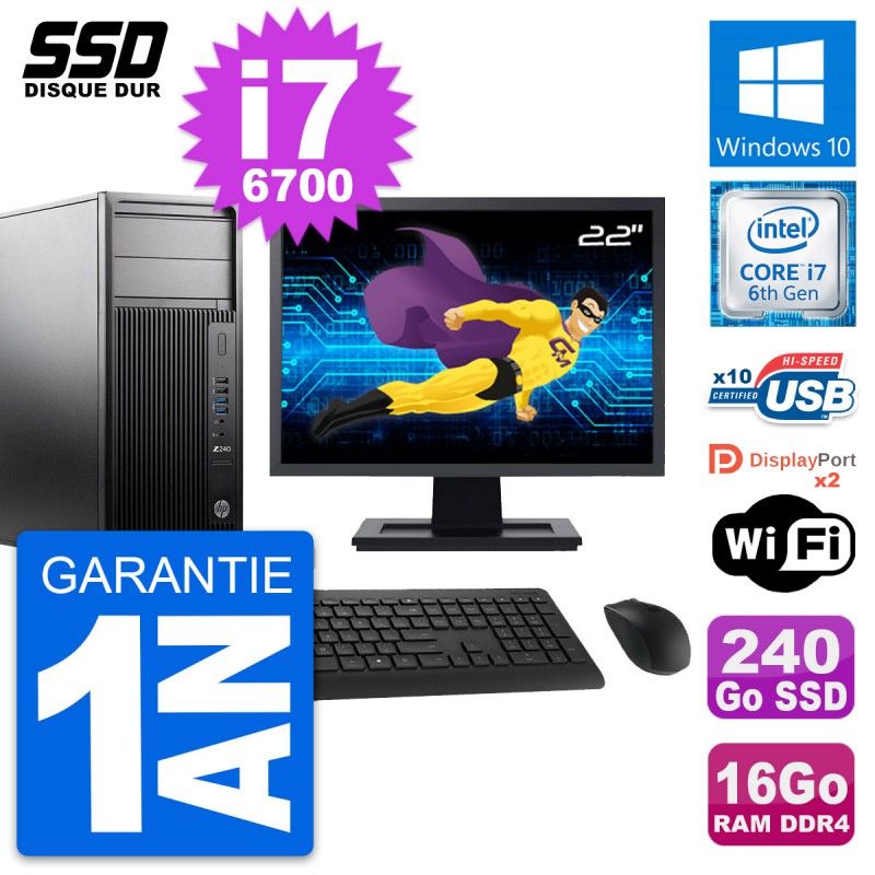 HP WorkStation Z240 Desktop Computer, 22" Screen, i7-6700, 16GB RAM, 240GB SSD, Windows 10, WiFi