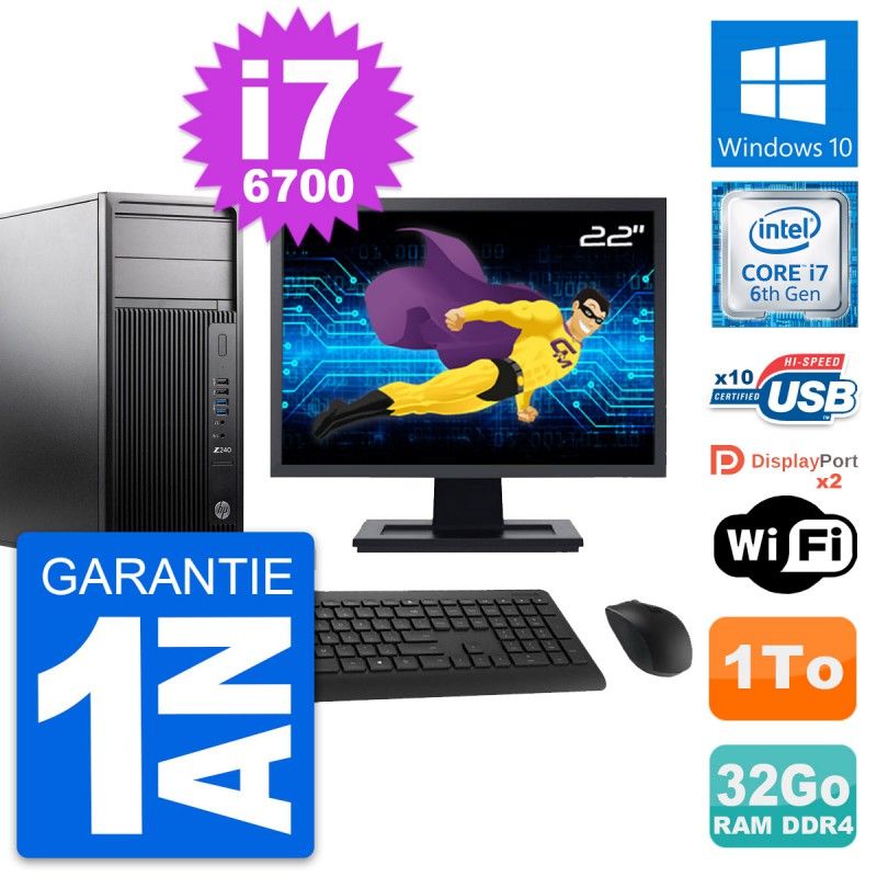 HP Z240 MT Workstation Computer, 22" Screen, Intel i7-6700, 32GB RAM, 1TB Storage, Windows 10, WiFi