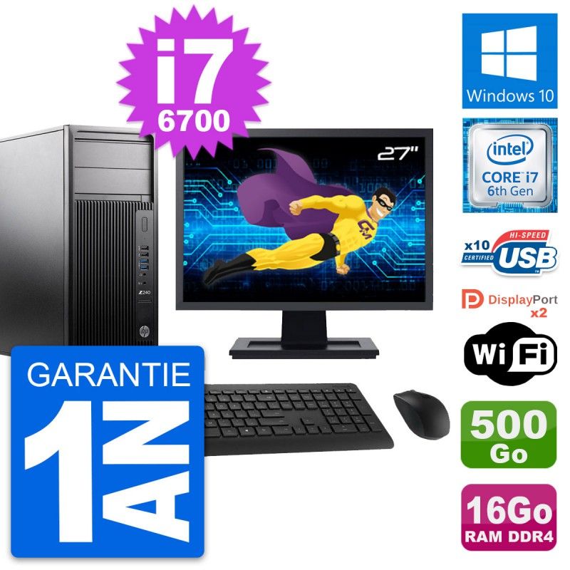 HP Z240 MT Workstation Computer, 27" Screen, Intel i7-6700, 16GB RAM, 500GB HDD, Windows 10, WiFi