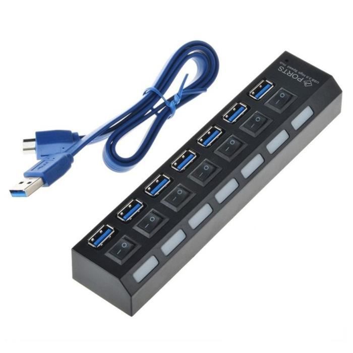 VODOOL 7-Port USB 3.0 Hub with LED Indicator and Individual Switches