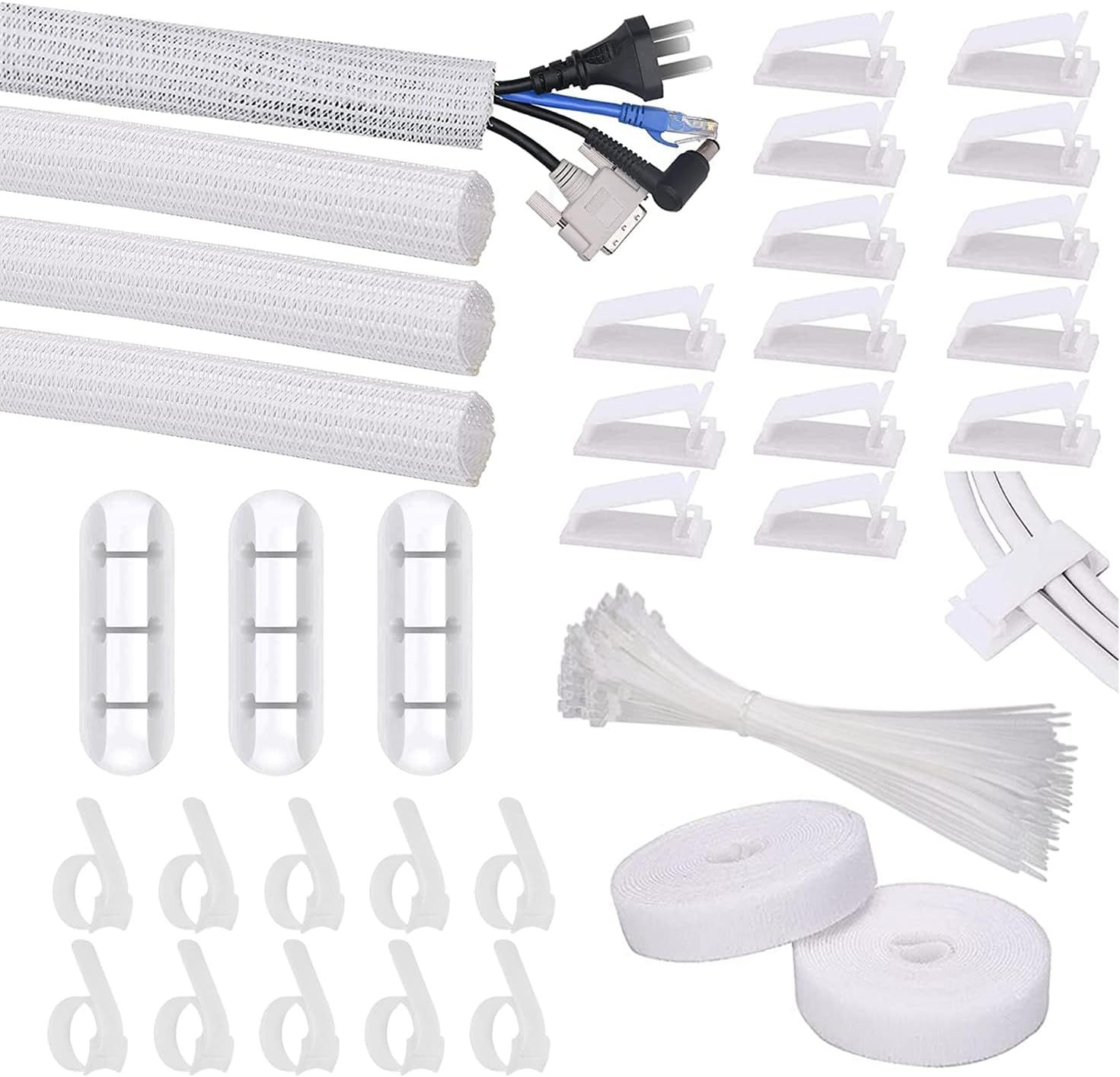 Cable Management Kit, 4 Cable Sleeves, 3 Cable Clips Organizer, 10+2 Cable Ties, 15 Adhesive Cable Clips, Cable Tie
