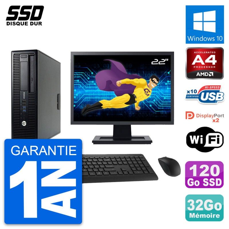 HP EliteDesk 705 G1 SFF Computer, 22" Screen, AMD A4 PRO-7300B, 32GB RAM, 120GB SSD, Windows 10