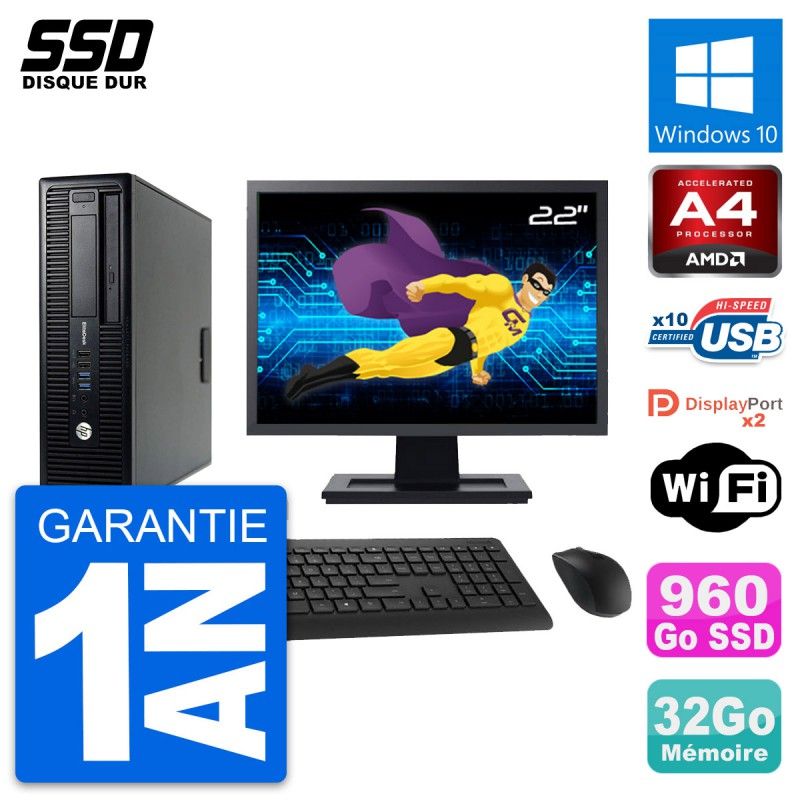HP EliteDesk 705 G1 SFF PC - 22" Screen, AMD A4 Pro-7300B, 32GB RAM, 960GB SSD, Windows 10
