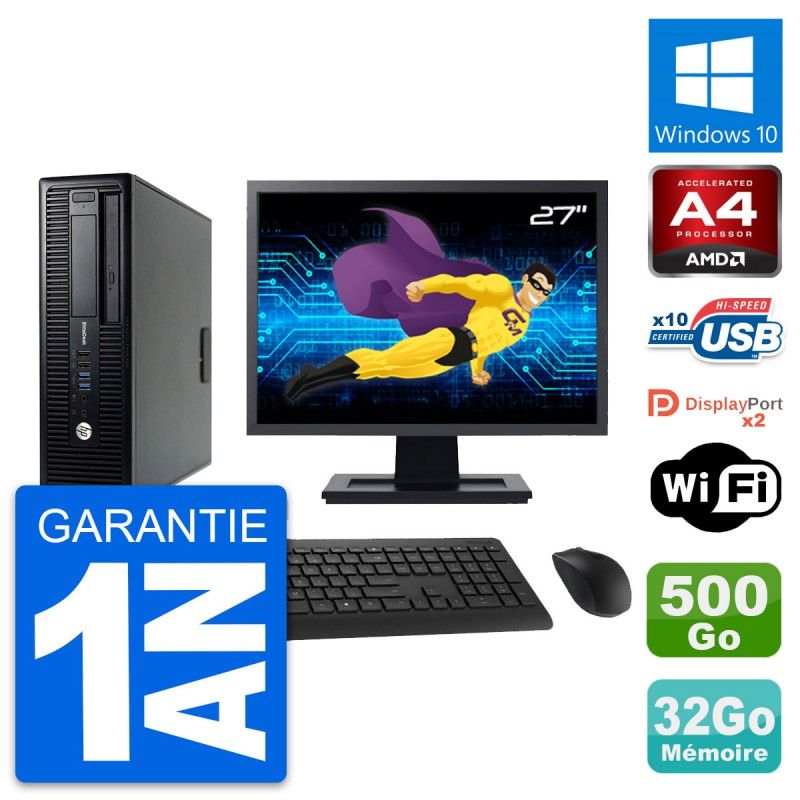 HP EliteDesk 705 G1 SFF Desktop Computer - 27" Screen, AMD A4 PRO-7300B 3.8GHz, 32GB RAM, 500GB HDD, Windows 10, WiFi