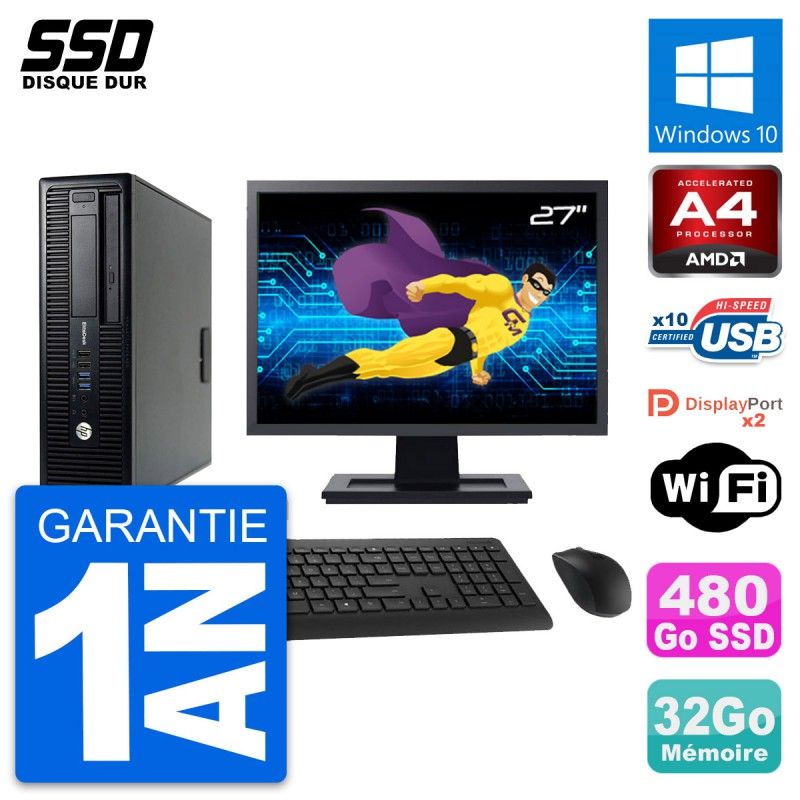 HP EliteDesk 705 G1 SFF Desktop Computer, 27" Screen, AMD A4 PRO-7300B, 32GB RAM, 480GB SSD, Windows 10, Wifi