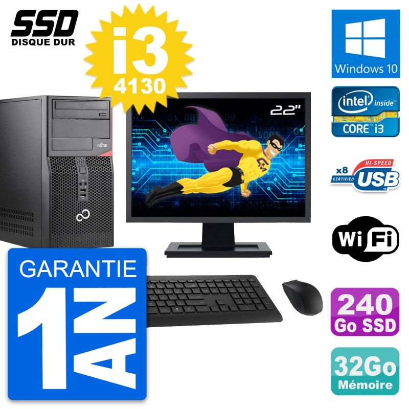 Fujitsu P520 22-inch PC Tower - Intel i3-4130, 32GB RAM, 240GB SSD, Windows 10, WiFi