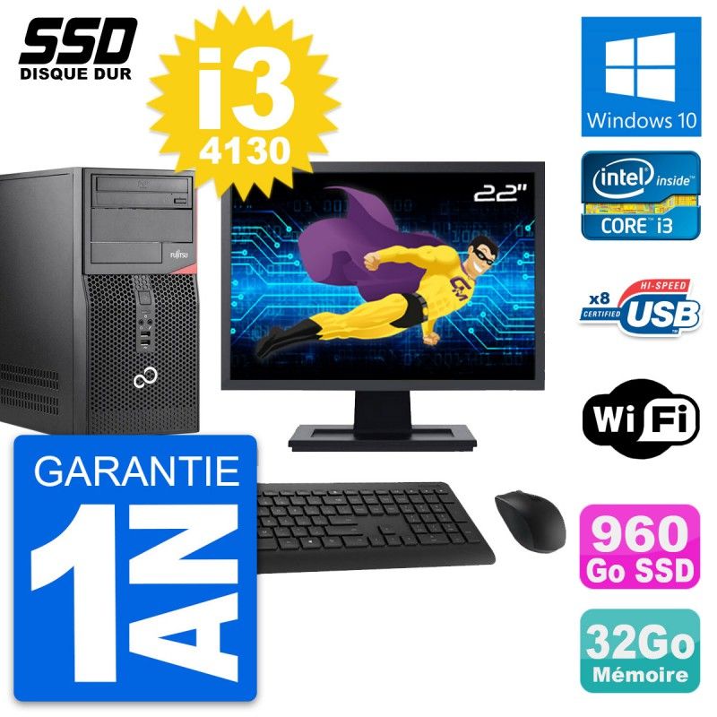 Fujitsu P520 22-inch PC Tower - Intel i3-4130, 32GB RAM, 960GB SSD, Windows 10, WiFi