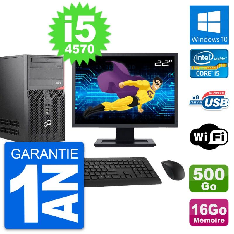 Ordinateur de bureau Fujitsu P520 MT - Écran 22'', i5-4570, 16 Go RAM, 500 Go HDD, Windows 10, Wifi