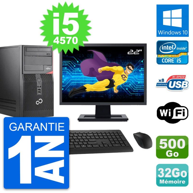 Tour PC Fujitsu P520 - 22 pouces, i5-4570, 32 Go de RAM, 500 Go HDD, Windows 10, Wifi