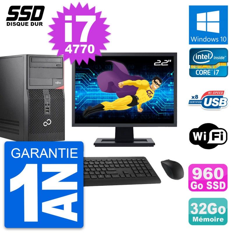 Fujitsu P520 22-inch PC Tower - Intel i7-4770, 32GB RAM, 960GB SSD, Windows 10, Wifi