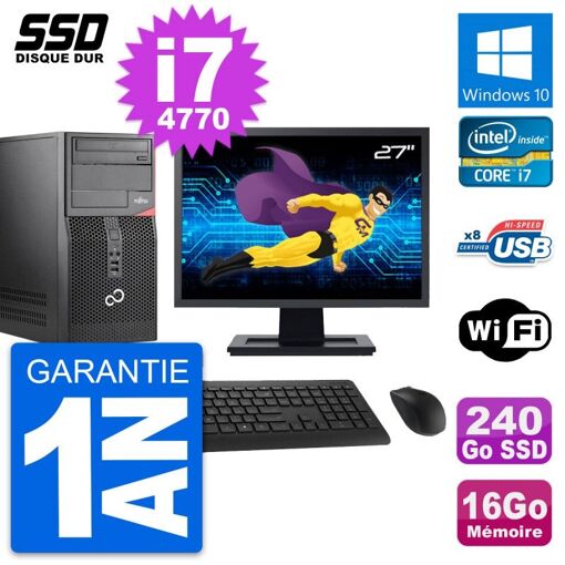 PC de escritorio Fujitsu P520 - Pantalla de 27", Intel i7-4770, 16 GB de RAM, 240 GB SSD, Windows 10, WiFi
