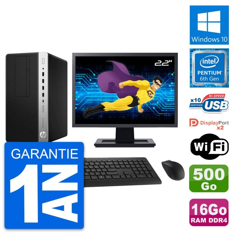 HP ProDesk 600 G3 MT Computer, 22" Screen, Intel Pentium G4400, 16GB RAM, 500GB HDD, Windows 10, WiFi