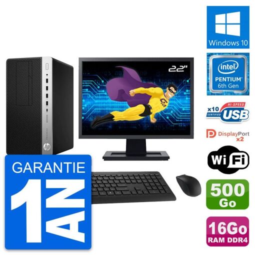 Computadora HP ProDesk 600 G3 MT, pantalla de 22", procesador Intel Pentium G4400, 16 GB de RAM, 500 GB HDD, Windows 10, WiFi