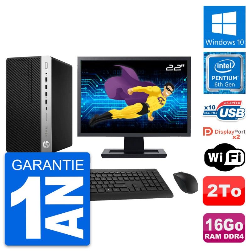 HP ProDesk 600 G3 MT Desktop PC - 22" Screen, Pentium G4400, 16GB RAM, 2TB Storage, Windows 10, WiFi