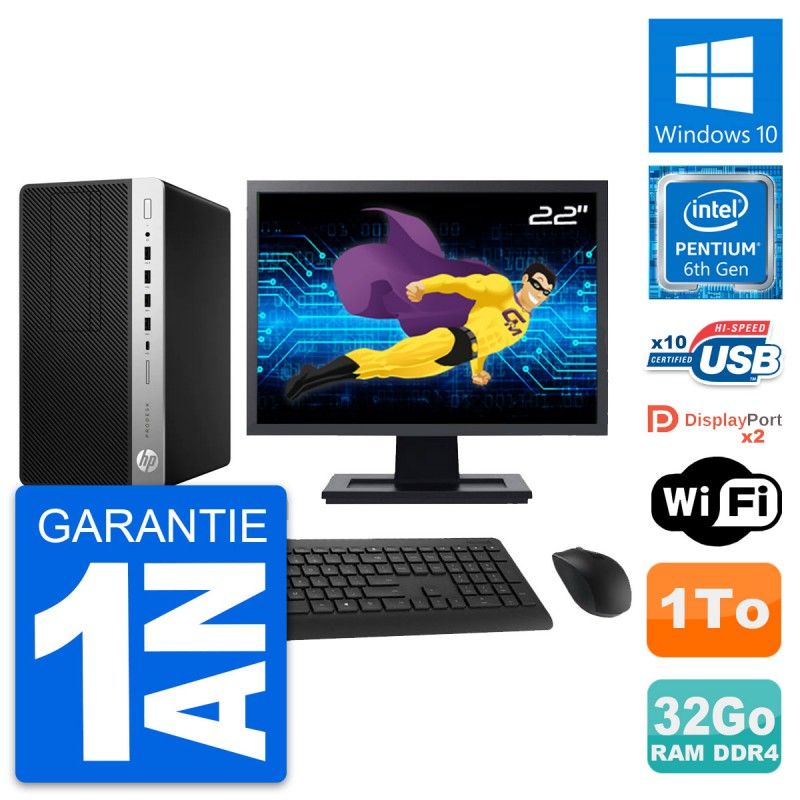 HP ProDesk 600 G3 MT Desktop PC - 22" Screen, Pentium G4400, 32GB RAM, 1TB HDD, Windows 10