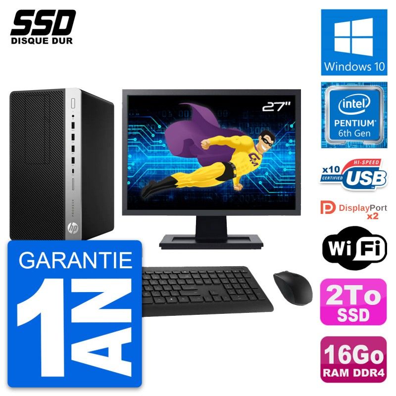 HP ProDesk 600 G3 MT Desktop PC - 27" Display, Intel Pentium G4400, 16GB RAM, 2TB SSD, Windows 10, WiFi