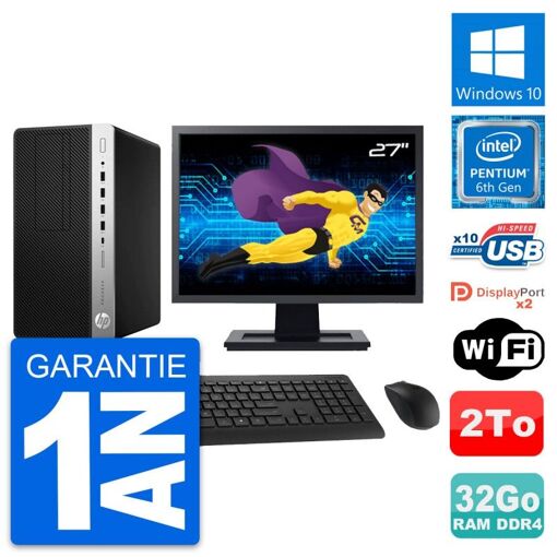 Computadora de escritorio HP ProDesk 600 G3 MT, pantalla de 27", procesador Intel Pentium G4400, 32 GB de RAM, 2 TB HDD, Windows 10