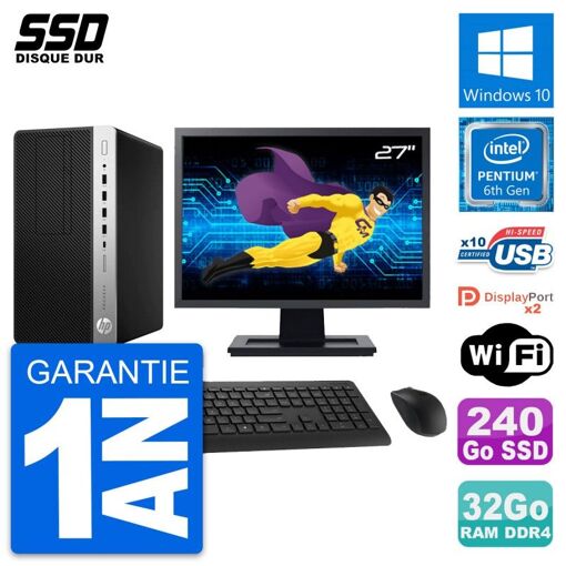 Ordenador de sobremesa HP ProDesk 600 G3 MT, pantalla de 27'', procesador Intel Pentium G4400, 32GB de RAM, 240GB SSD, Windows 10, WiFi