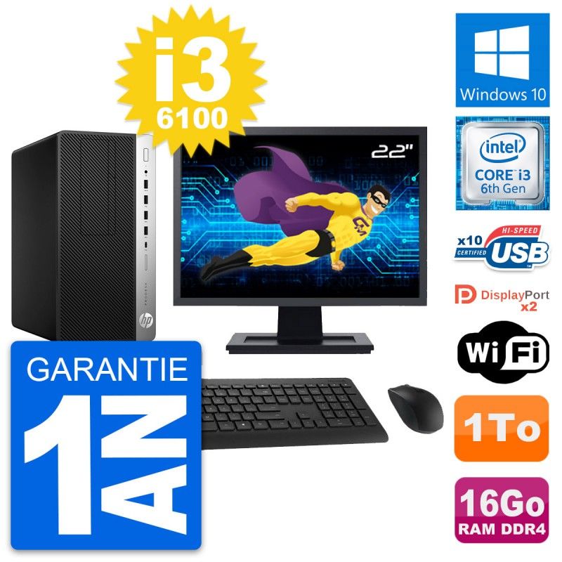 HP ProDesk 600 G3 MT Desktop Computer, 22" Screen, Intel i3-6100, 16GB RAM, 1TB Storage, Windows 10