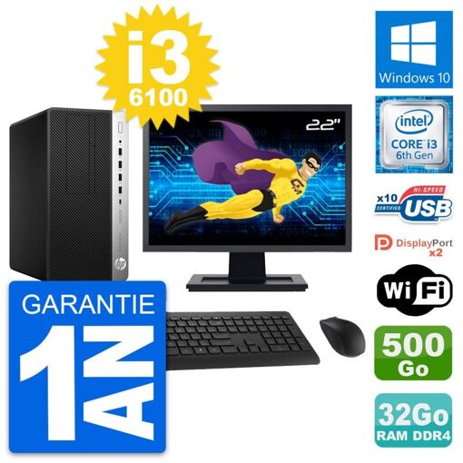 HP ProDesk 600 G3 con pantalla de 22 pulgadas, Intel i3-6100, 32 GB de RAM, 500 GB de almacenamiento, Windows 10, WiFi