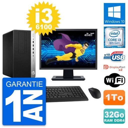 Computadora de escritorio HP ProDesk 600 G3 MT, pantalla de 22'', procesador Intel i3-6100, 32 GB de RAM, 1 TB HDD, Windows 10, WiFi