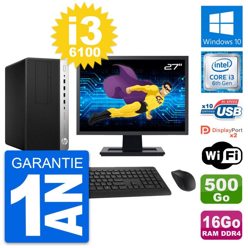 HP ProDesk 600 G3 Desktop PC - 27" Screen, Intel i3-6100, 16GB RAM, 500GB Storage, Windows 10, WiFi
