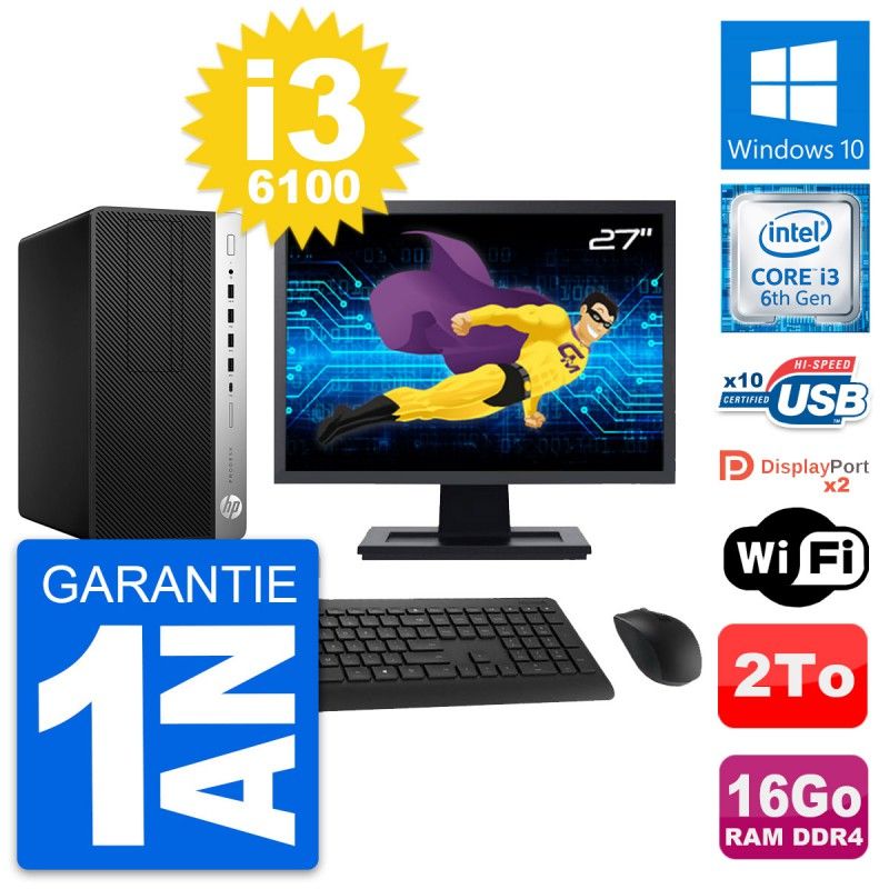 HP ProDesk 600 G3 MT Desktop Computer, 27" Screen, Core i3-6100, 16GB RAM, 2TB Storage, Windows 10, WiFi