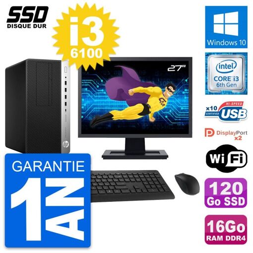 PC de escritorio HP ProDesk 600 G3 - Pantalla de 27', Intel Core i3-6100, 16GB RAM, 120GB SSD, Windows 10, Wifi