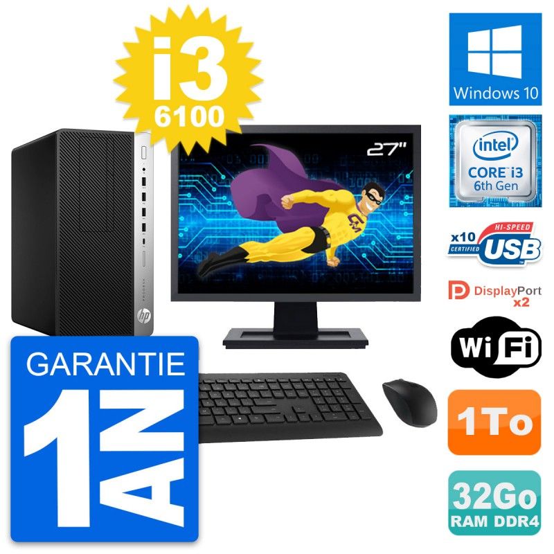 HP ProDesk 600 G3 MT Desktop Computer, 27" Screen, Core i3-6100, 32GB RAM, 1TB Storage, WiFi
