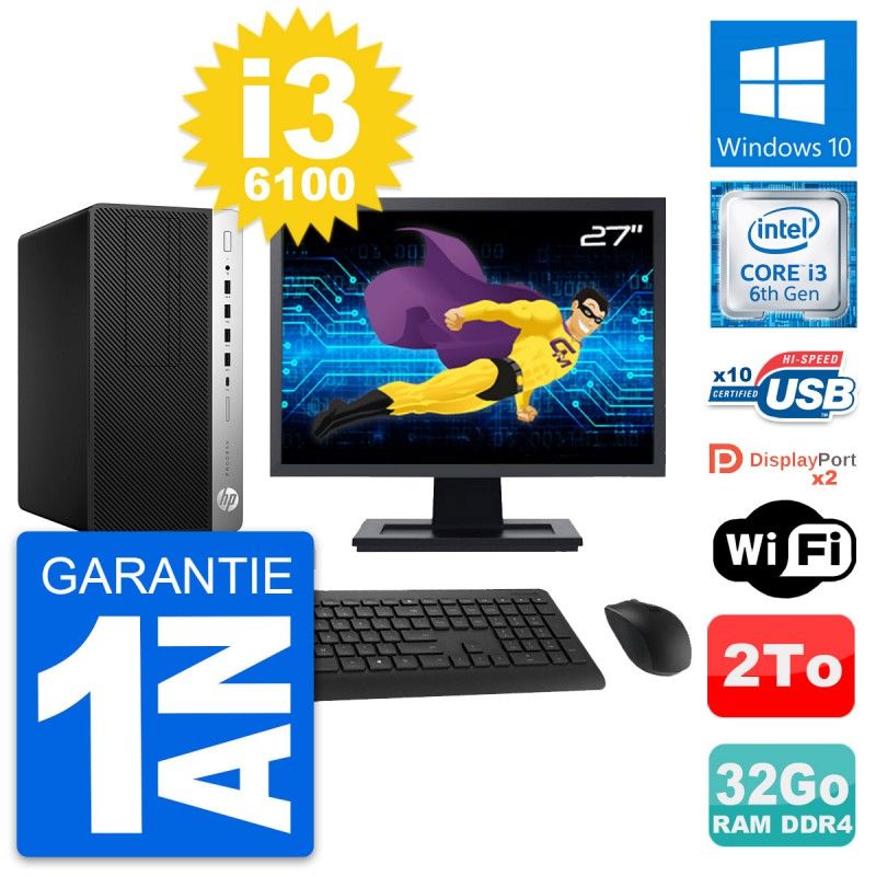 HP ProDesk 600 G3 MT Desktop Computer, 27" Screen, Core i3-6100, 32GB RAM, 2TB Storage, WiFi
