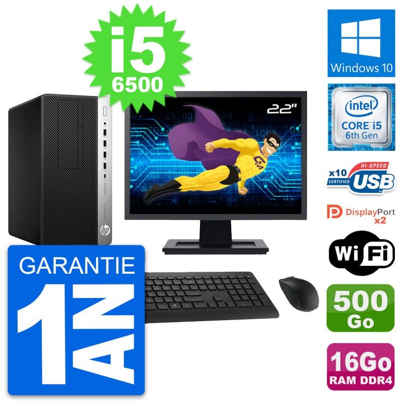 HP ProDesk 600 G3 MT Desktop Computer, 22" Screen, i5-6500, 16GB RAM, 500GB HDD, Windows 10, WiFi