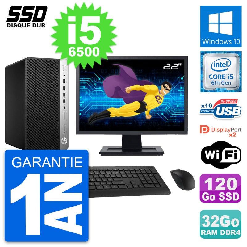 HP ProDesk 600 G3 Desktop PC - 22" Screen, i5-6500, 32GB RAM, 120GB SSD, Windows 10, WiFi