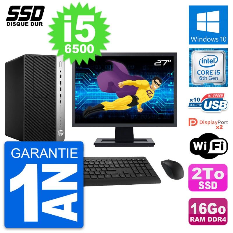 HP ProDesk 600 G3 MT Desktop Computer, 27" Screen, i5-6500, 16GB RAM, 2TB SSD, Windows 10, Wi-Fi