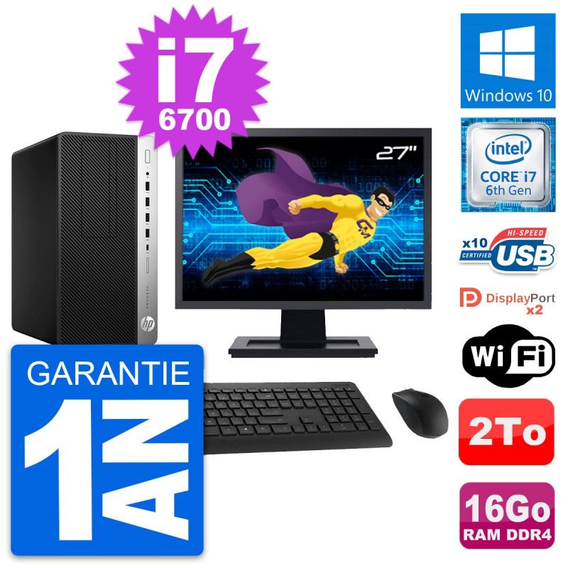 HP ProDesk 600 G3 MT Desktop PC - 27" Screen, Core i7-6700, 16GB RAM, 2TB Storage, Windows 10, WiFi