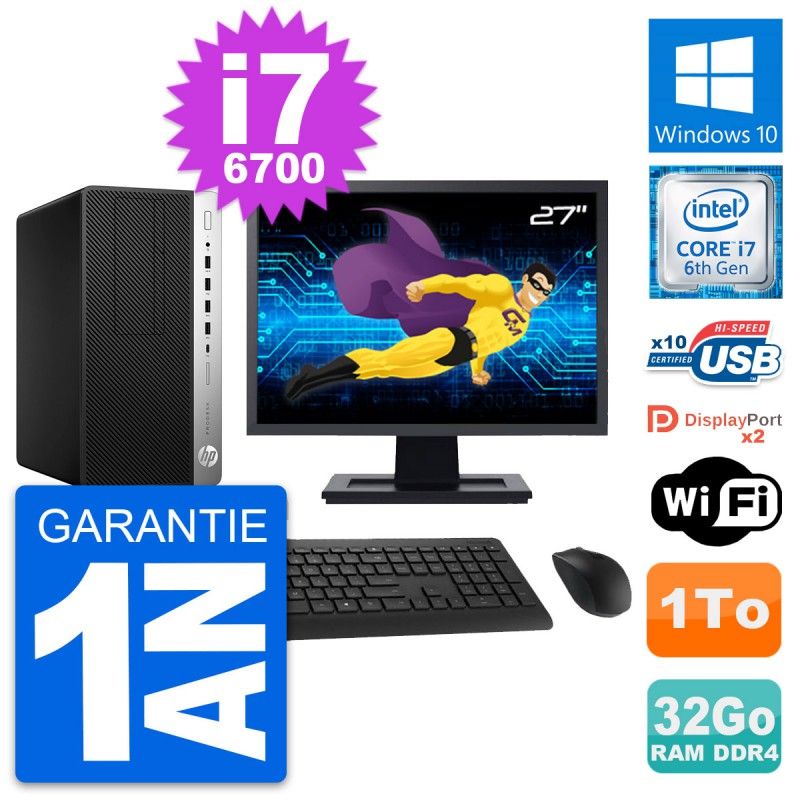 HP ProDesk 600 G3 MT Desktop PC - 27" Screen, Core i7-6700, 32GB RAM, 1TB Storage, WiFi