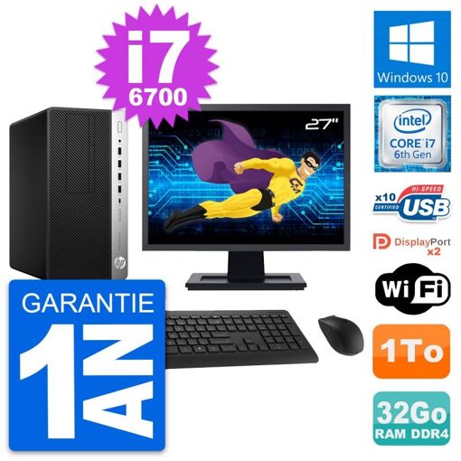 PC de escritorio HP ProDesk 600 G3 MT - Pantalla de 27", Intel Core i7-6700, 32 GB de RAM, 1 TB de almacenamiento, WiFi
