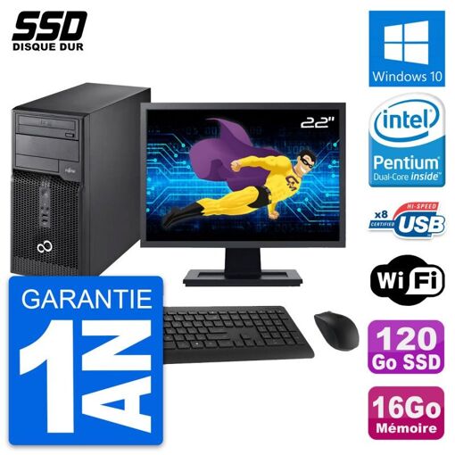 Torre Fujitsu P510 - Pantalla de 22', Procesador Pentium G2020, 16GB de RAM, 120GB SSD, Windows 10, WiFi