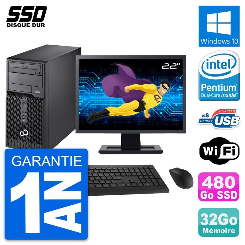 Fujitsu P510 22-inch PC Tower - Pentium G2020, 32GB RAM, 480GB SSD, Windows 10, WiFi