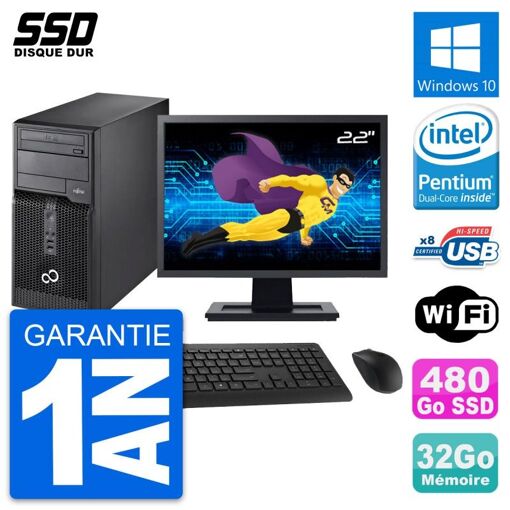 Torre Fujitsu P510 - Pantalla de 22 pulgadas, Pentium G2020, 32 GB de RAM, 480 GB SSD, Windows 10, WiFi