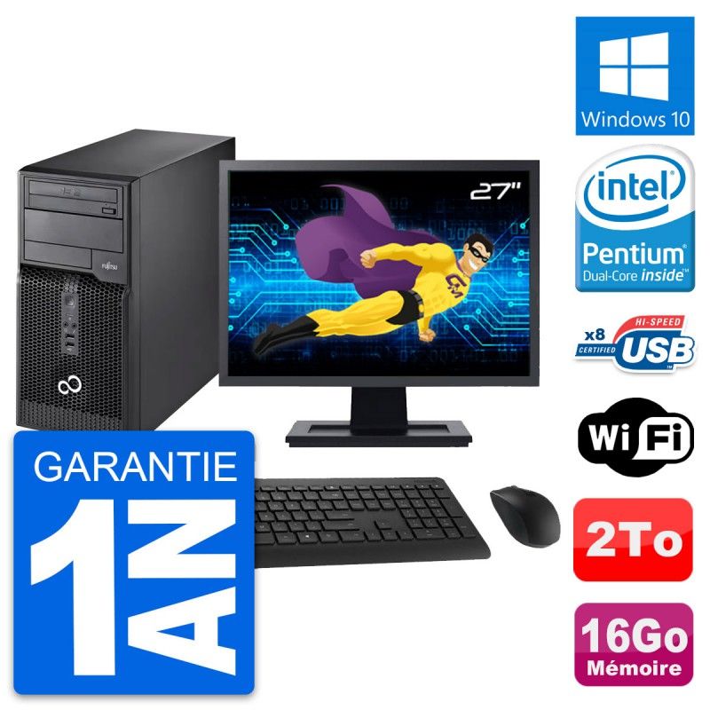 PC de torre Fujitsu P510 - Pantalla de 27", Procesador Intel Pentium Dual-Core G2020, 16 GB de RAM, Disco duro de 2 TB, Windows 10, WiFi