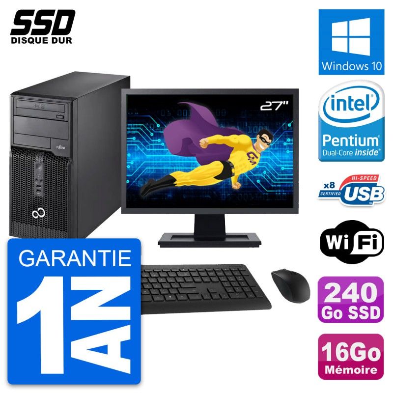 PC de torre Fujitsu P510 - Pantalla de 27'', Procesador Intel Pentium G2020, 16GB de RAM, 240GB SSD, Windows 10, WiFi