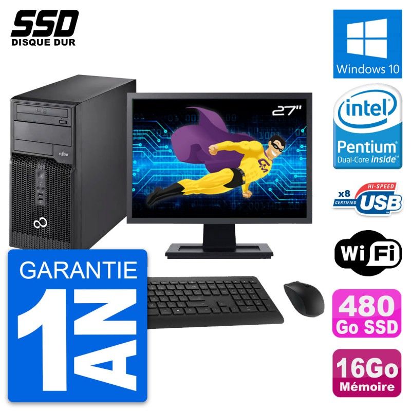 Torre de PC Fujitsu P510 - Procesador Intel Pentium Dual-Core G2020, 16 GB de RAM, 480 GB SSD, Windows 10, WiFi