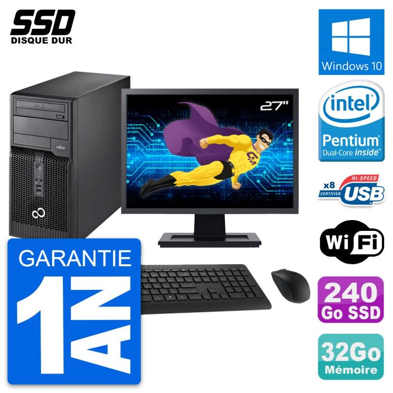 Ordinateur de bureau Fujitsu P510 - Écran 27'', Intel Pentium Dual-Core G2020, 32 Go de RAM, 240 Go SSD, Windows 10, WiFi