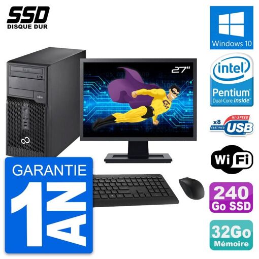 PC de sobremesa Fujitsu P510 - Pantalla de 27', Procesador Intel Pentium Dual-Core G2020, 32GB de RAM, 240GB SSD, Windows 10, WiFi