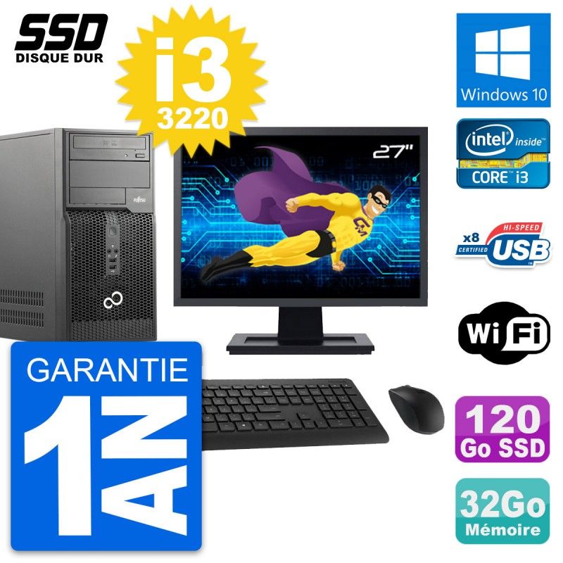 Fujitsu P510 27-inch PC Tower - Intel i3-3220, 32GB RAM, 120GB SSD, Windows 10, WiFi