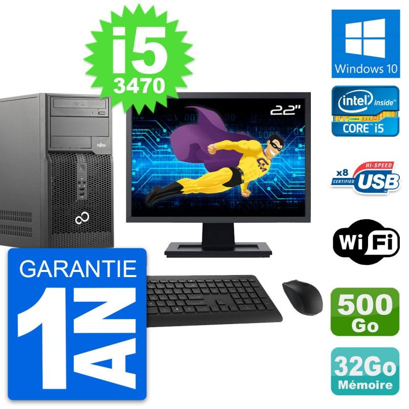 Fujitsu P510 MT Desktop PC - 22" Screen, i5-3470, 32GB RAM, 500GB HDD, Windows 10, Wifi