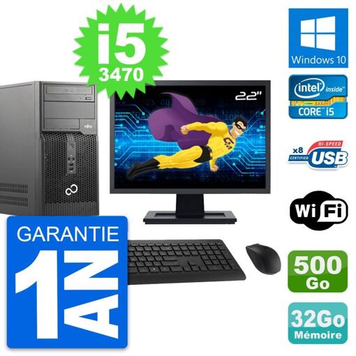 PC de sobremesa Fujitsu P510 MT - Pantalla de 22'', i5-3470, 32GB de RAM, 500GB HDD, Windows 10, Wifi