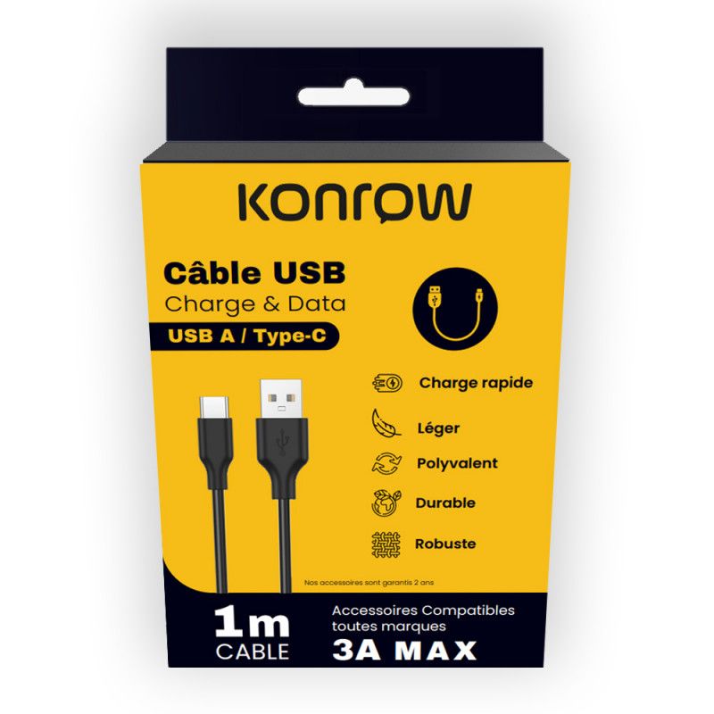 Cable USB Tipo C a Tipo A Konrow - 1 m, 3A, Negro